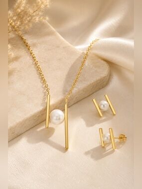 Gold-Tone Pearl Necklace & Earrings Set – Modern Geometric Jewelry